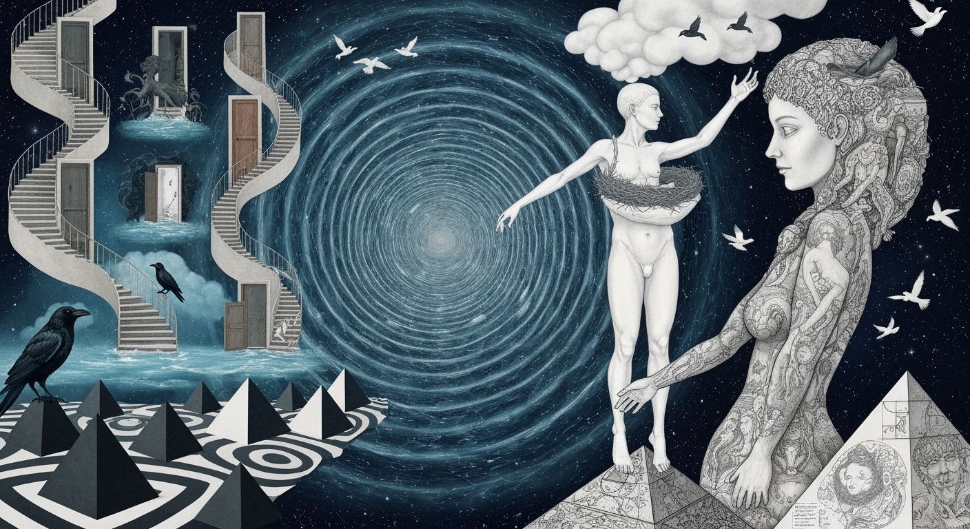 Surreal Dancer Transforming Amidst Mystical Pyramids