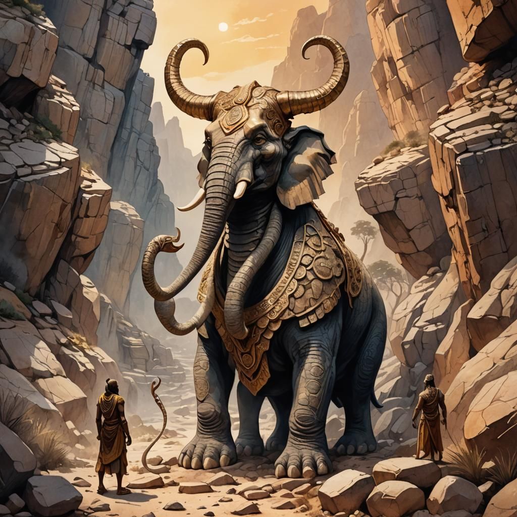 Fantasy Creature: Humanoid with Elephant Horns and Cobra Bod...