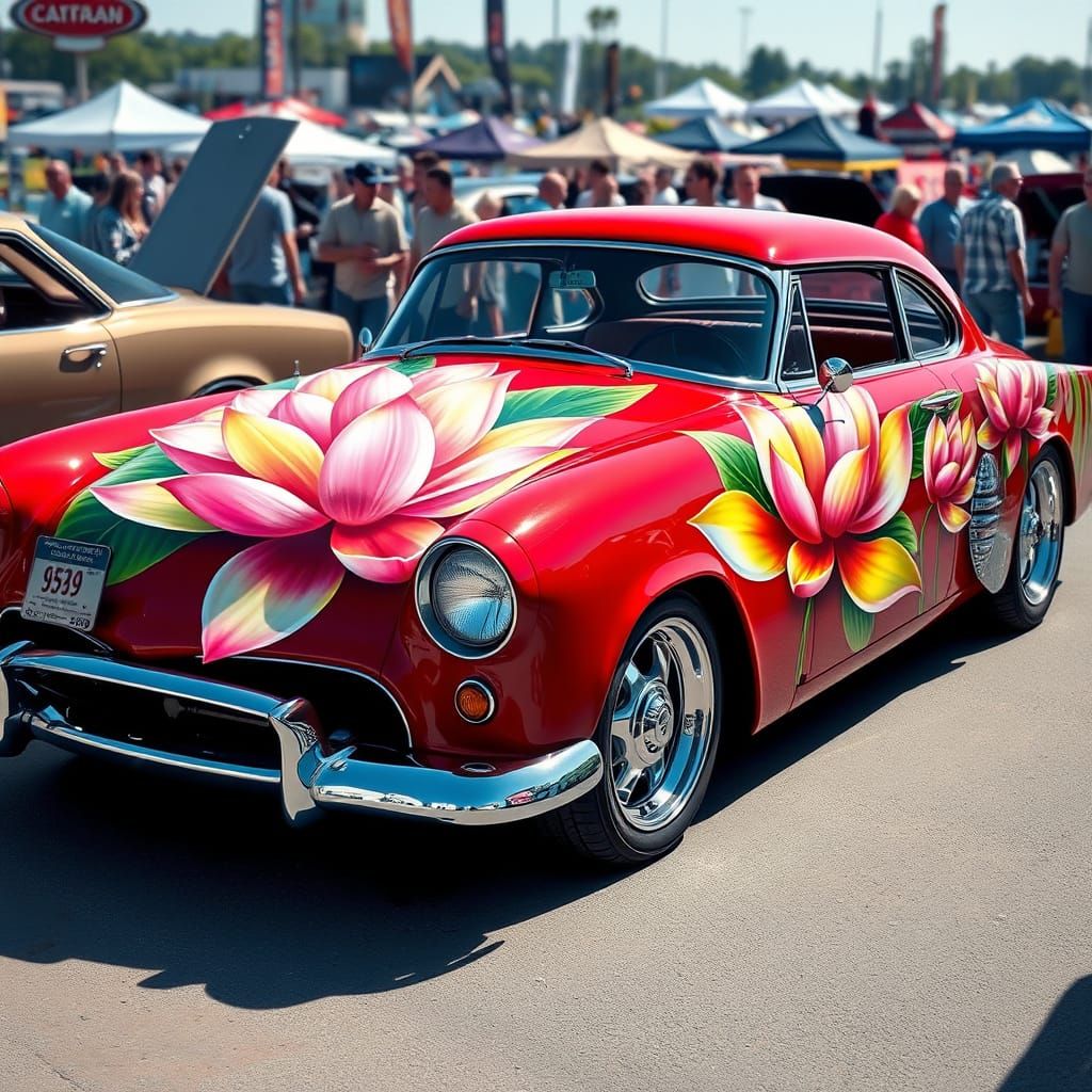 Vibrant Lotus Flowers Airbrushed on a Cherry-Red Classic Car