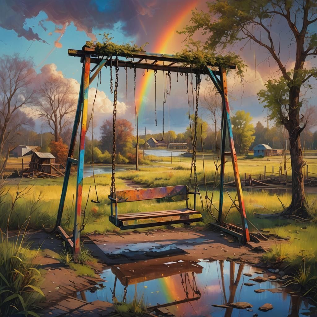 Post-Apocalyptic Playground: Rainbow Over Abandoned Swing