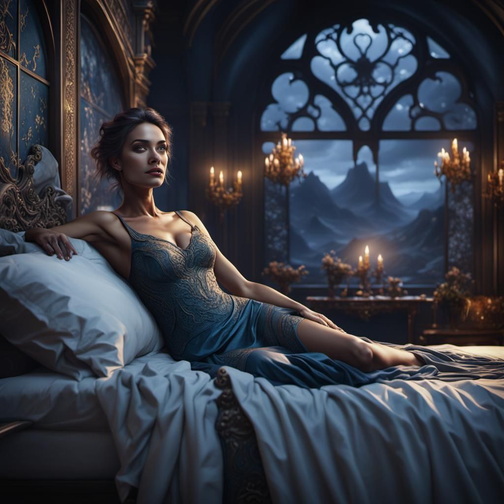 Attractive Woman in Bed: Detailed Matte Painting
