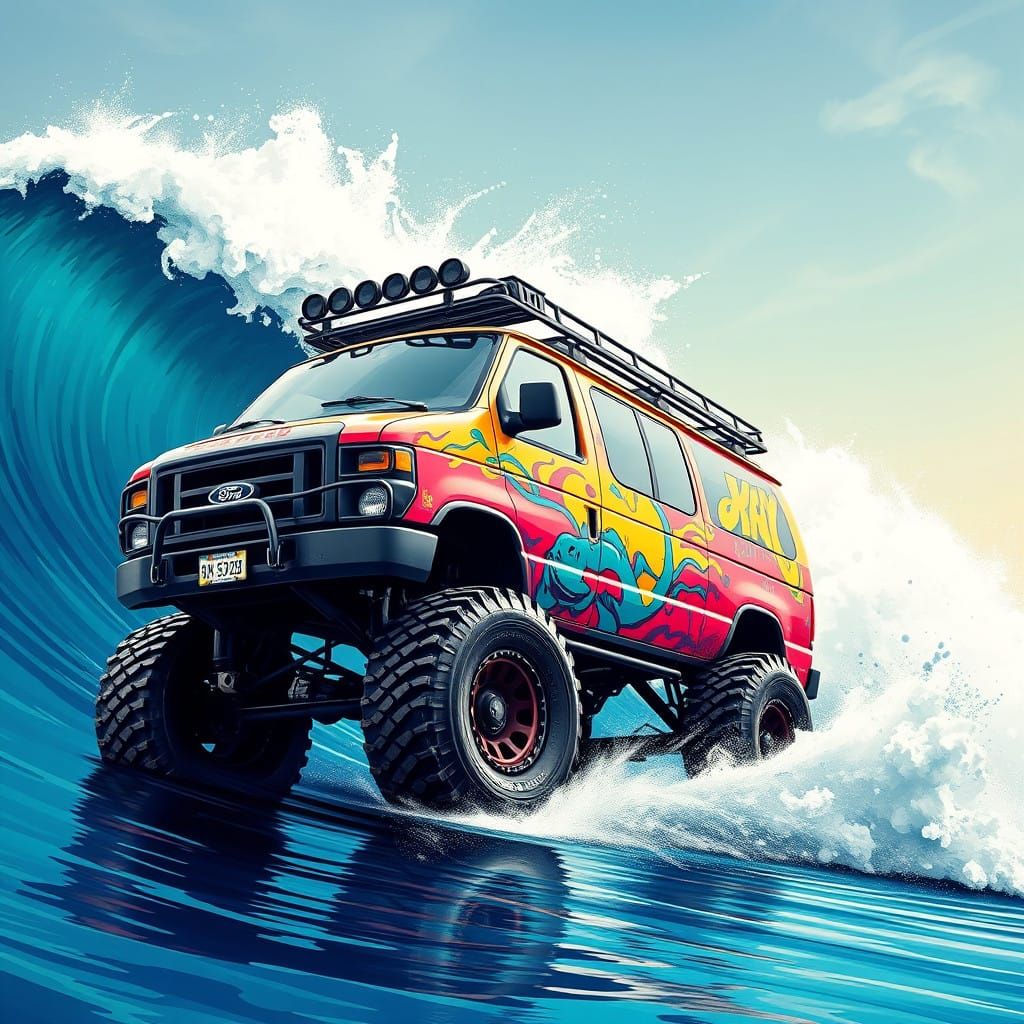 Graffiti Van Defies Gravity on a Vibrant Ocean Wave