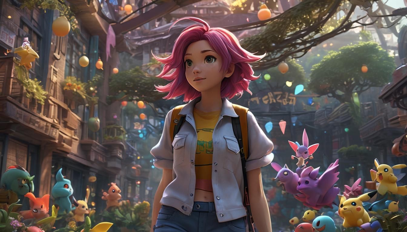 Pokémon Girl with Pokémon in Dreamlike 3D Art