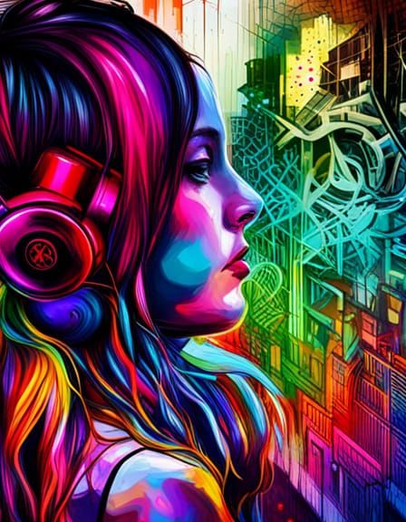 Girl Listening to Music in Glitch Graffiti Art