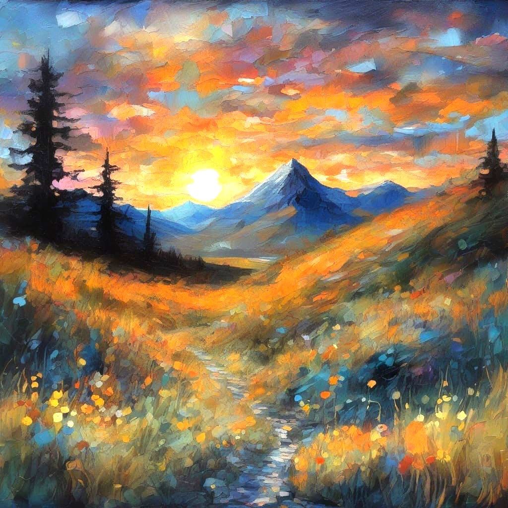 Vibrant Fantasy Landscape in Impasto Watercolor Style