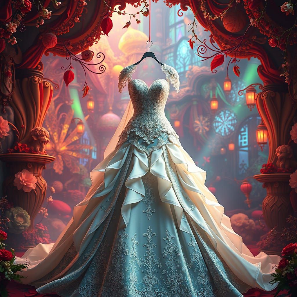 Exquisite Wedding Dress in a Whimsical, Mystical Scene