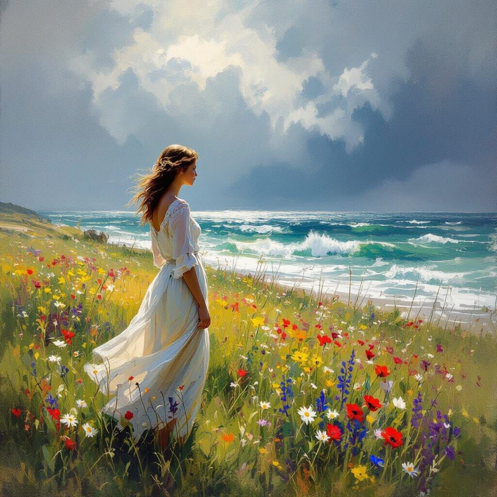 Woman in Meadow Beside Stormy Ocean, Impressionistic Style