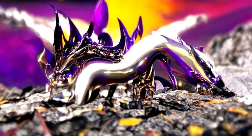 Liquid Metal Dragon Over Burning Kingdom in Dark Fantasy