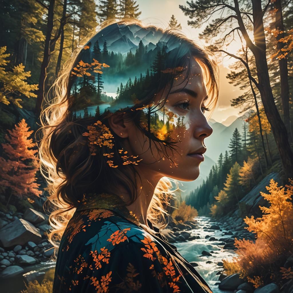 Double Exposure: Woman and Vibrant Natural Landscape