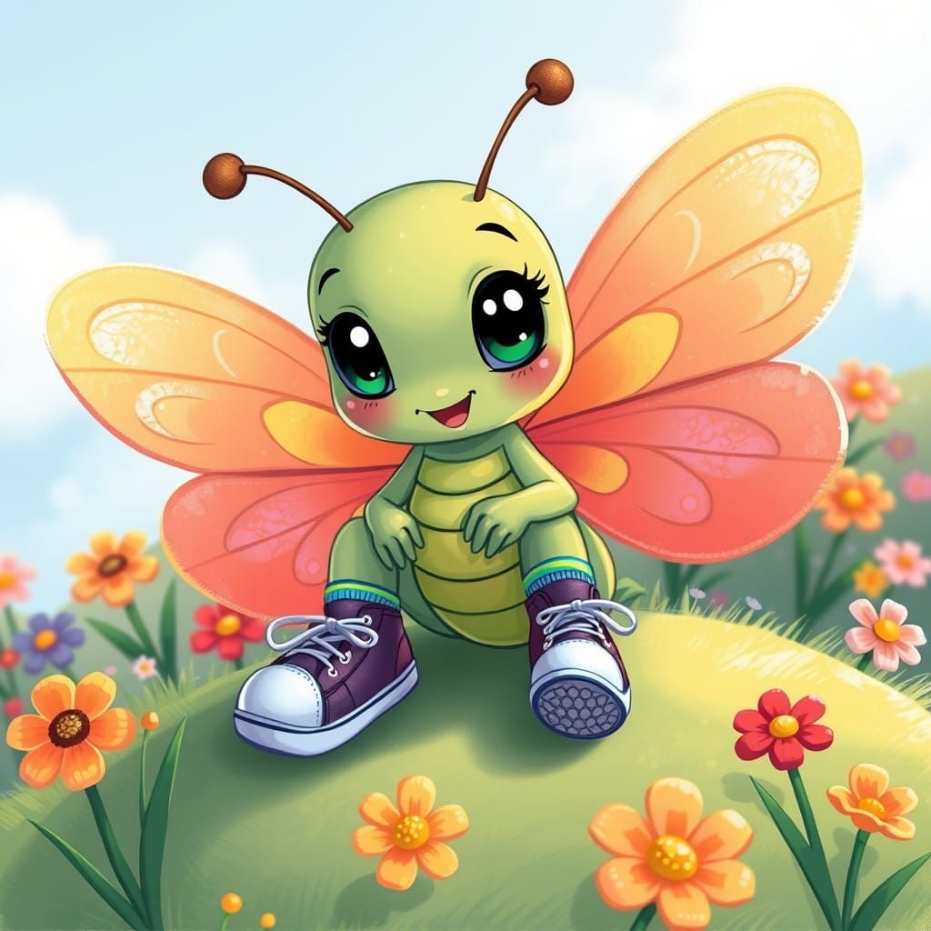 Cartoon Butterfly Tying Shoes on Grassy Hill