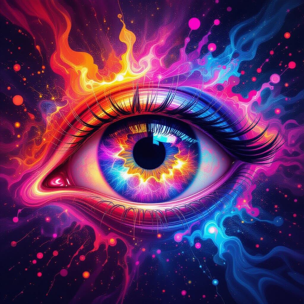Surreal Cosmic Eye Radiating Neon Flames and Colors