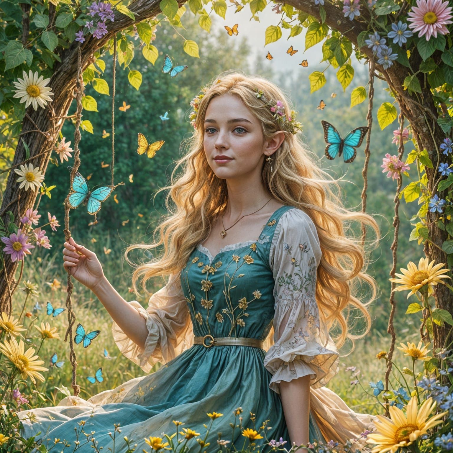 Elven Maiden Swings Free in Vibrant Sunlit Meadow