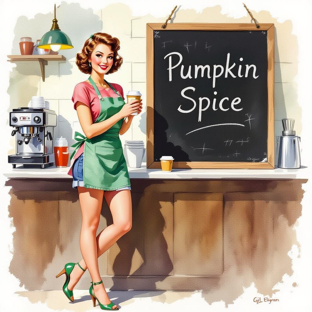 Pretty Barista Serves Pumpkin Spice in Watercolor Style