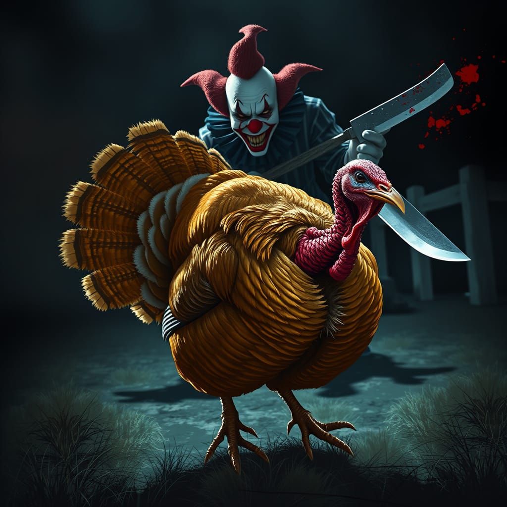 Killer Clown Chases Turkey in Dark Horror Art