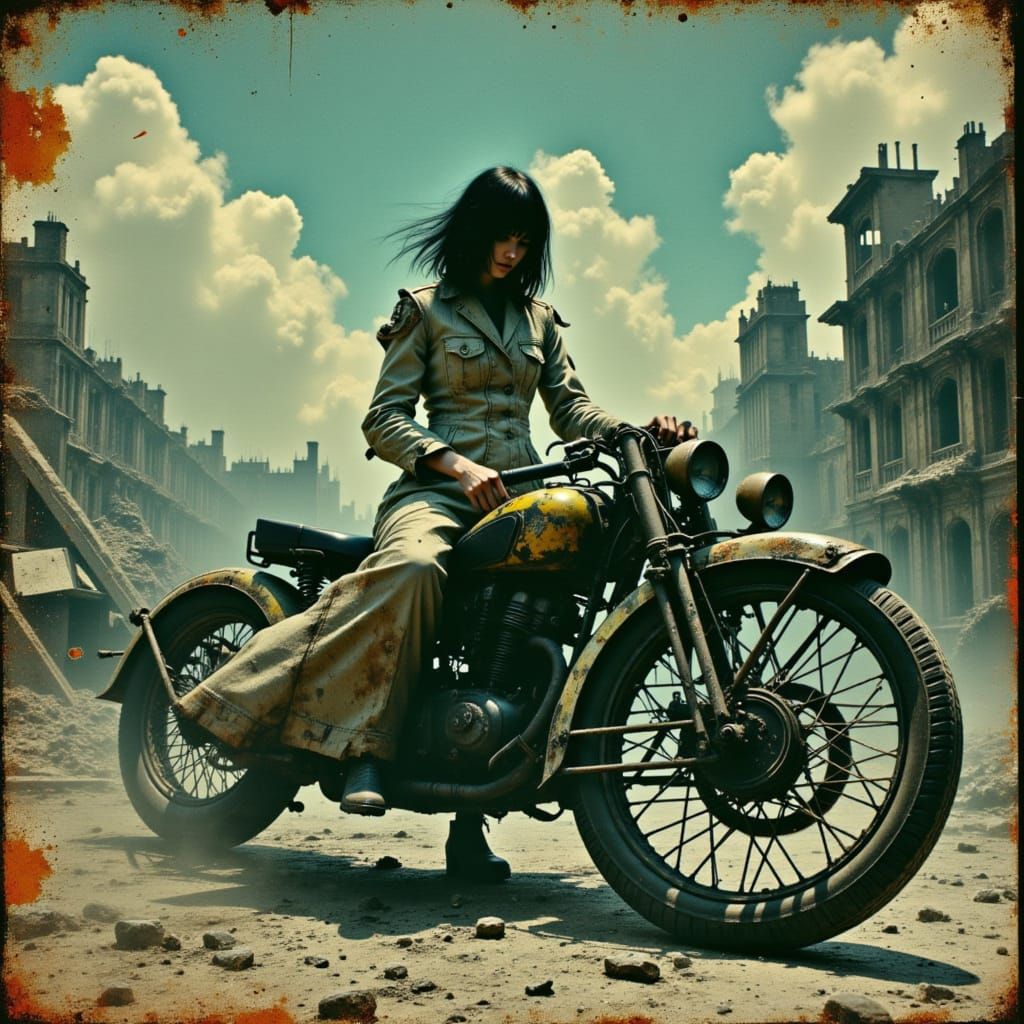 Cyberpunk Engineer Repairs Motorcycle in Ruined City