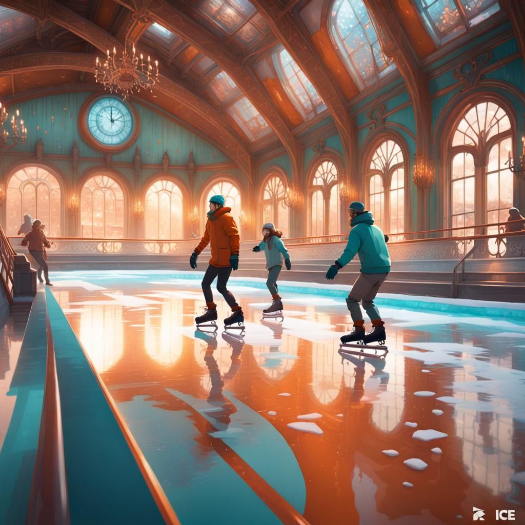 Detailed Ice Skating Scene in Art Nouveau Style