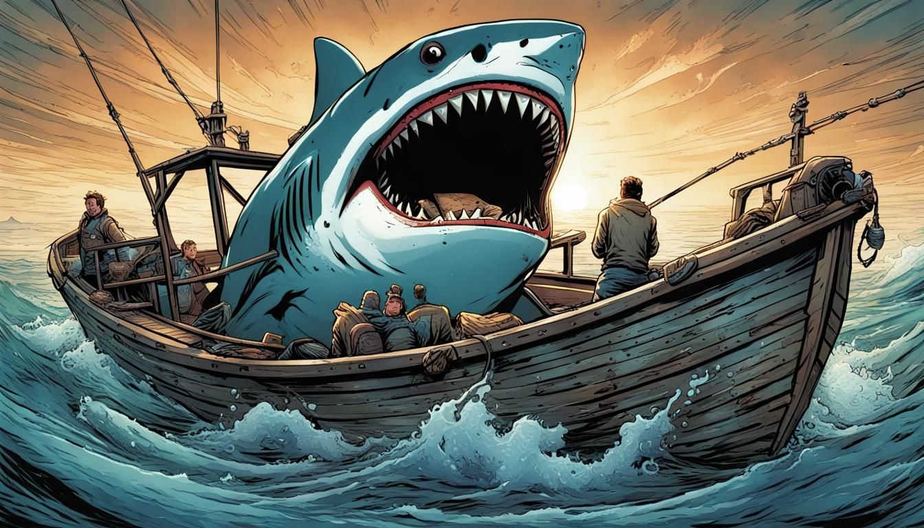 Shark Attack on Fishing Boat: Comic Book Art