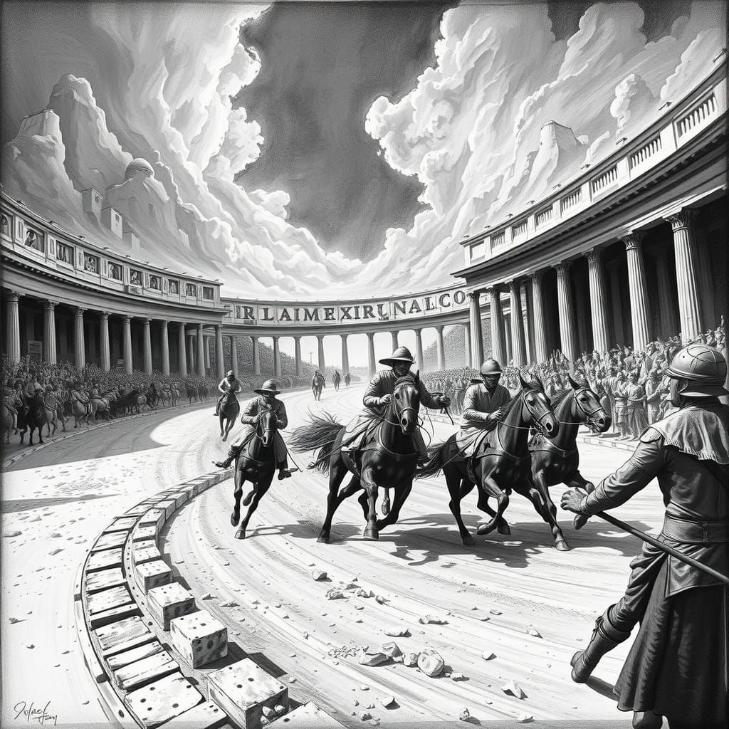 Circus Maximus: Chariot Race in Charcoal Style