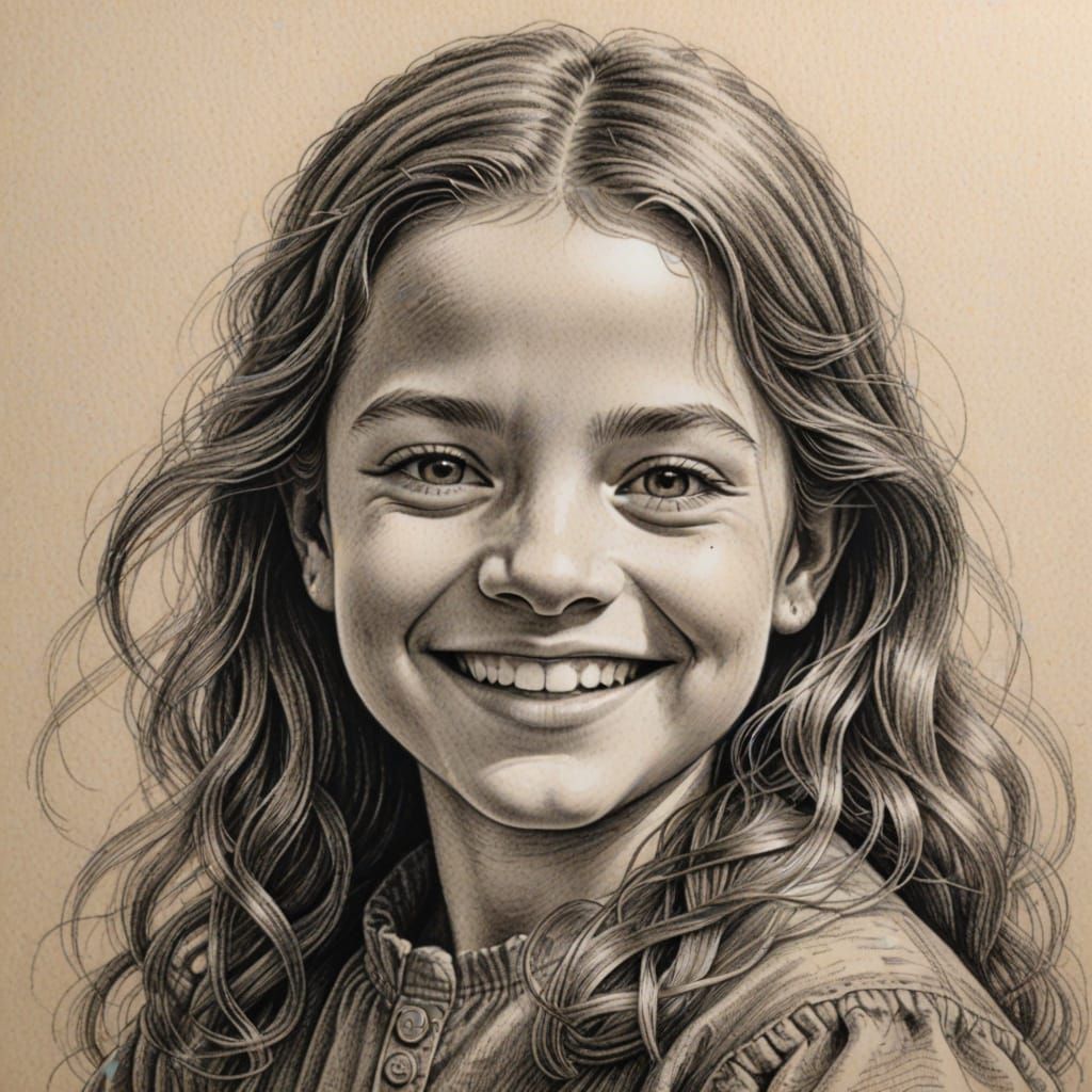 Happy Little Girl Portrait in Crosshatching Style, Leonardo ...