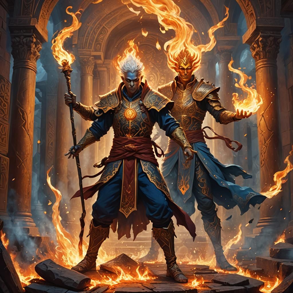 Fire Genasi Mage Casting Spell in Ancient Temple