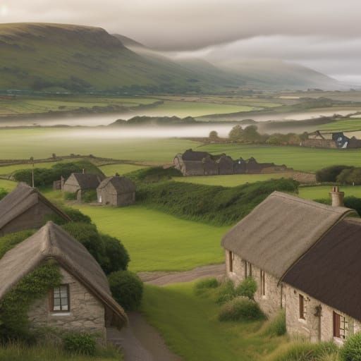 Scottish Coastal Hamlet in Watercolor Style