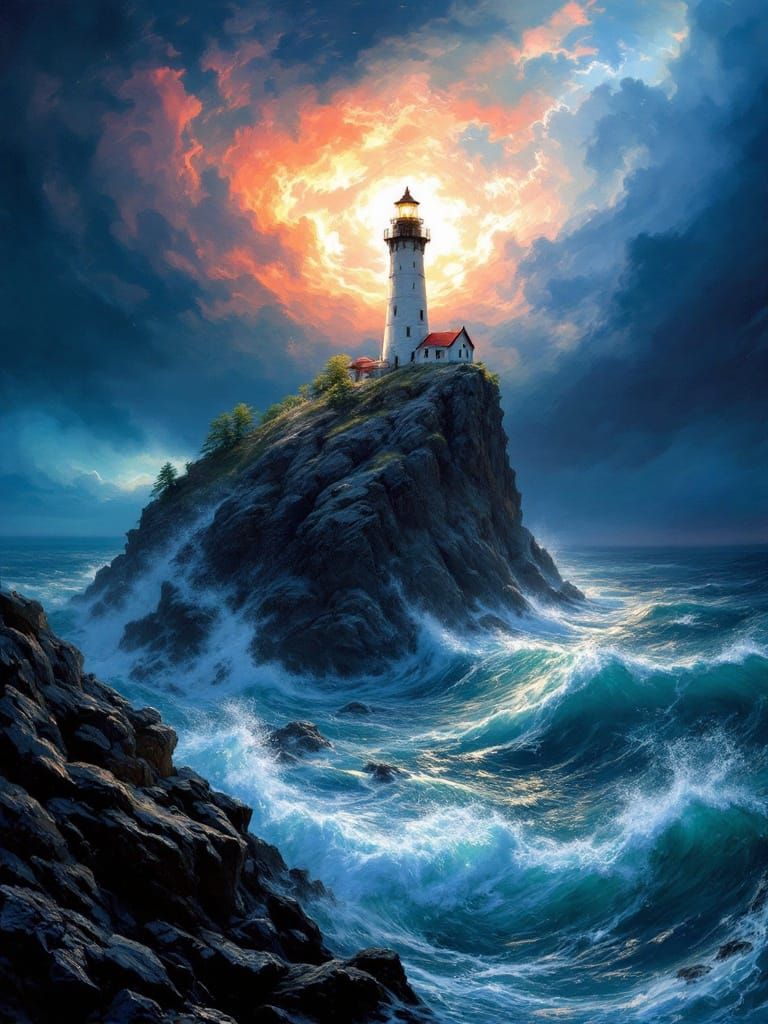 Surreal Lighthouse Stands Tall Against Turbulent Stormy Seas...