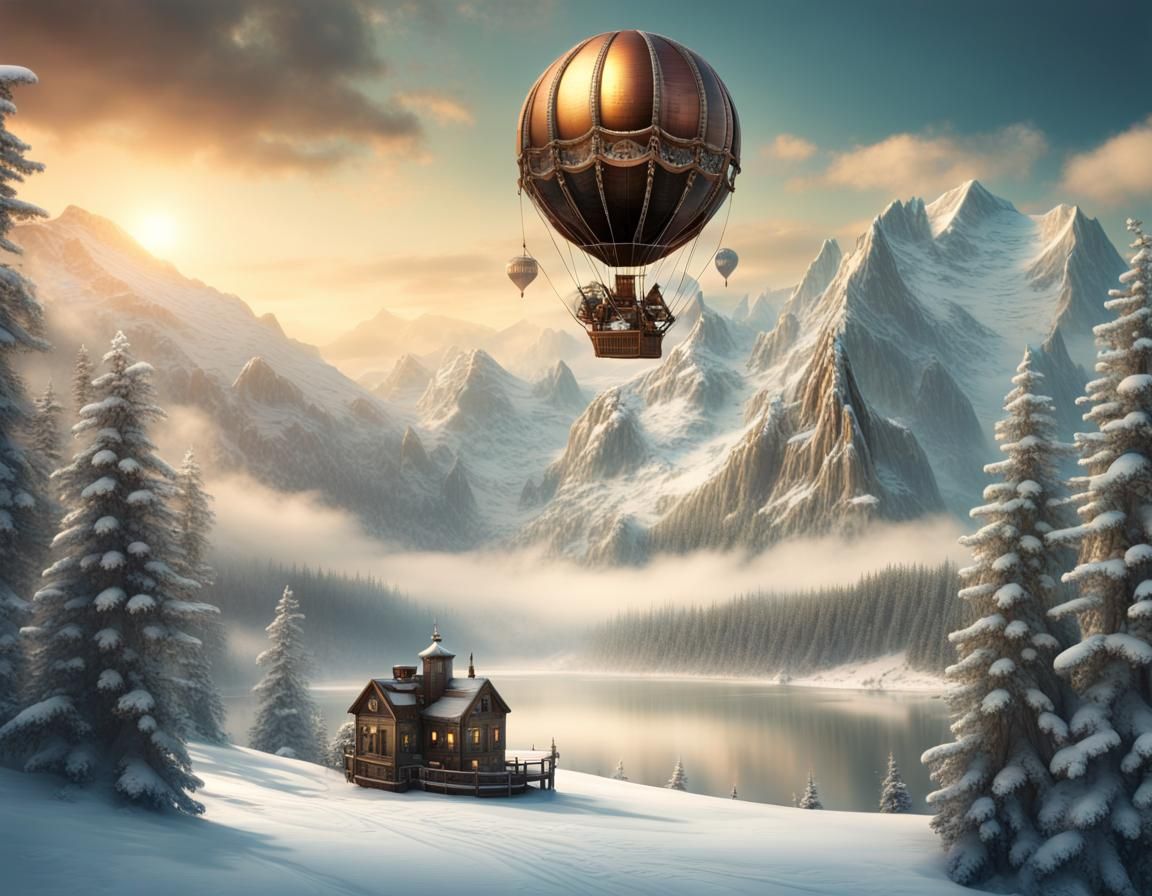 Steampunk Balloon in Snow Globe Winter Landscape