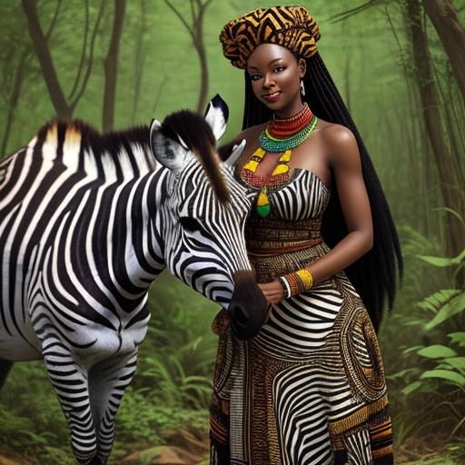 African Girl Petting Zebra in Forest