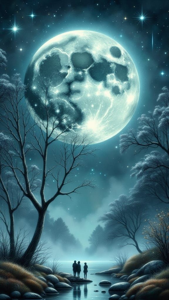 Glistening Ice Moon with Dewdrops in Ethereal Style