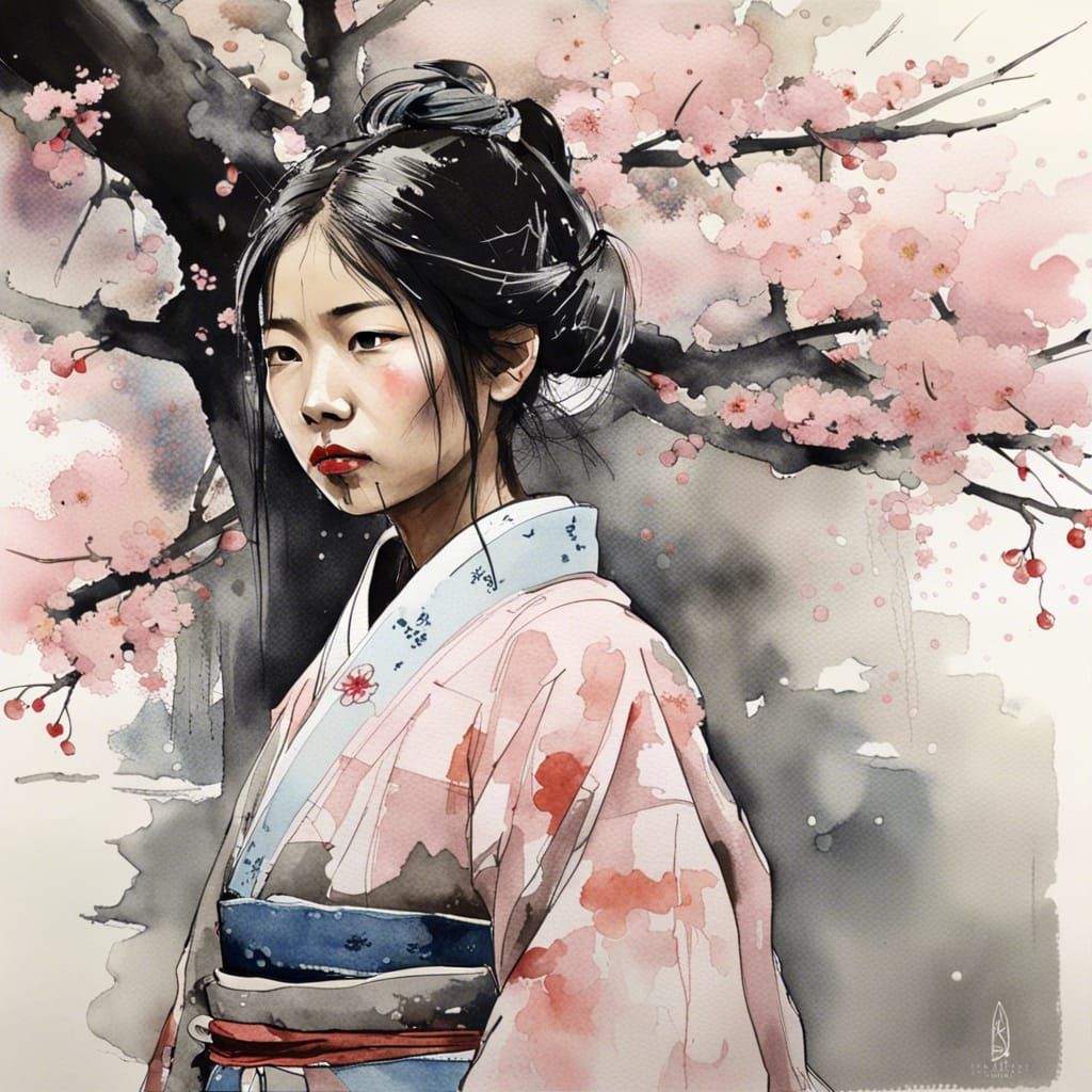 Ainu Girl in Cherry Blossom Garden, Watercolor Portrait