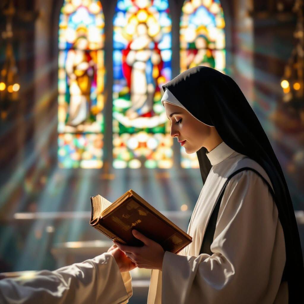 Nun Receives Blessing in Sunlit Church: Renaissance Style