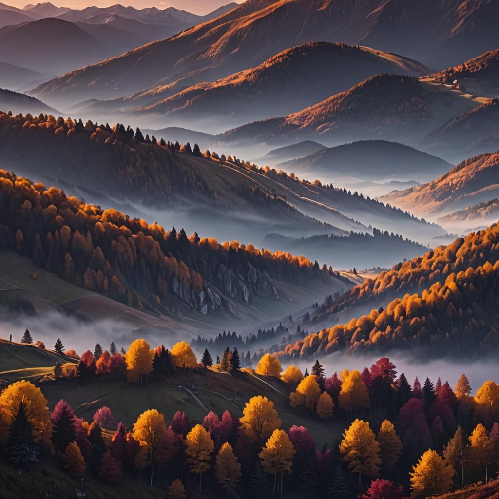 Carpathian Mountains at Sunset in Autumn Colors