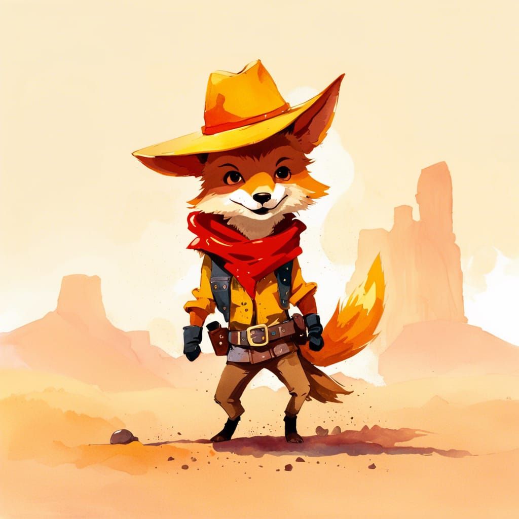 Chibi Coyote Cowboy in Desert Sunset, Gouache Style