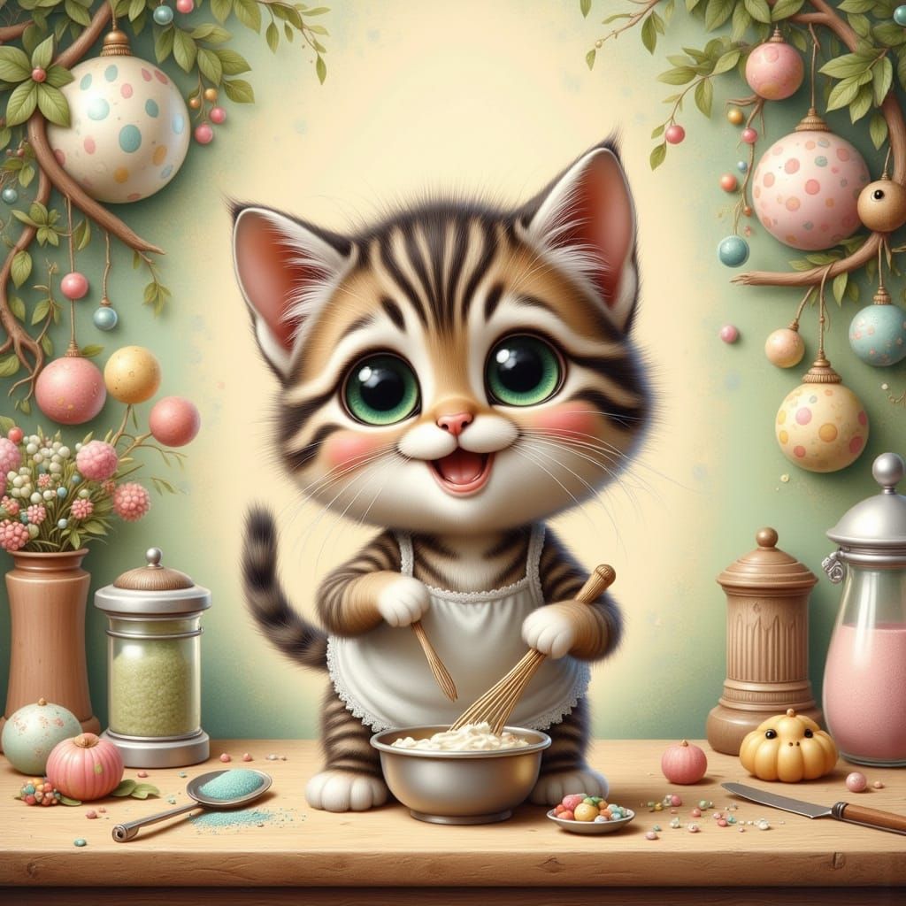 Whimsical Kitten Bakes in a Cozy Kitchen