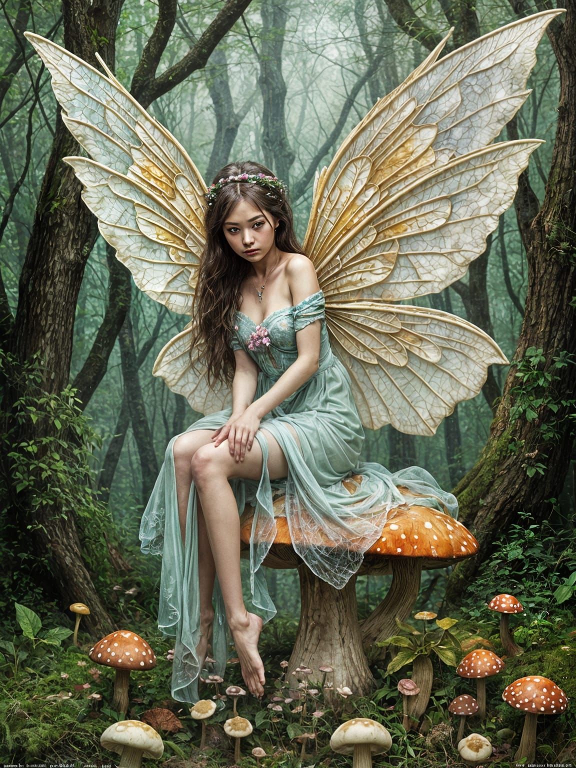 Winged Fairy in Enchanted Forest, Mixed Media Art