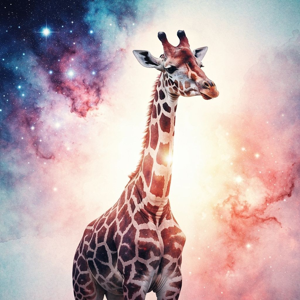 Giraffe and Nebula Double Exposure in Watercolor Style