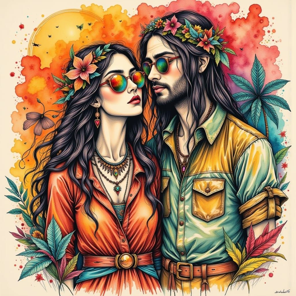 Bohemian Couple Portrait in Psychedelic Vintage Style