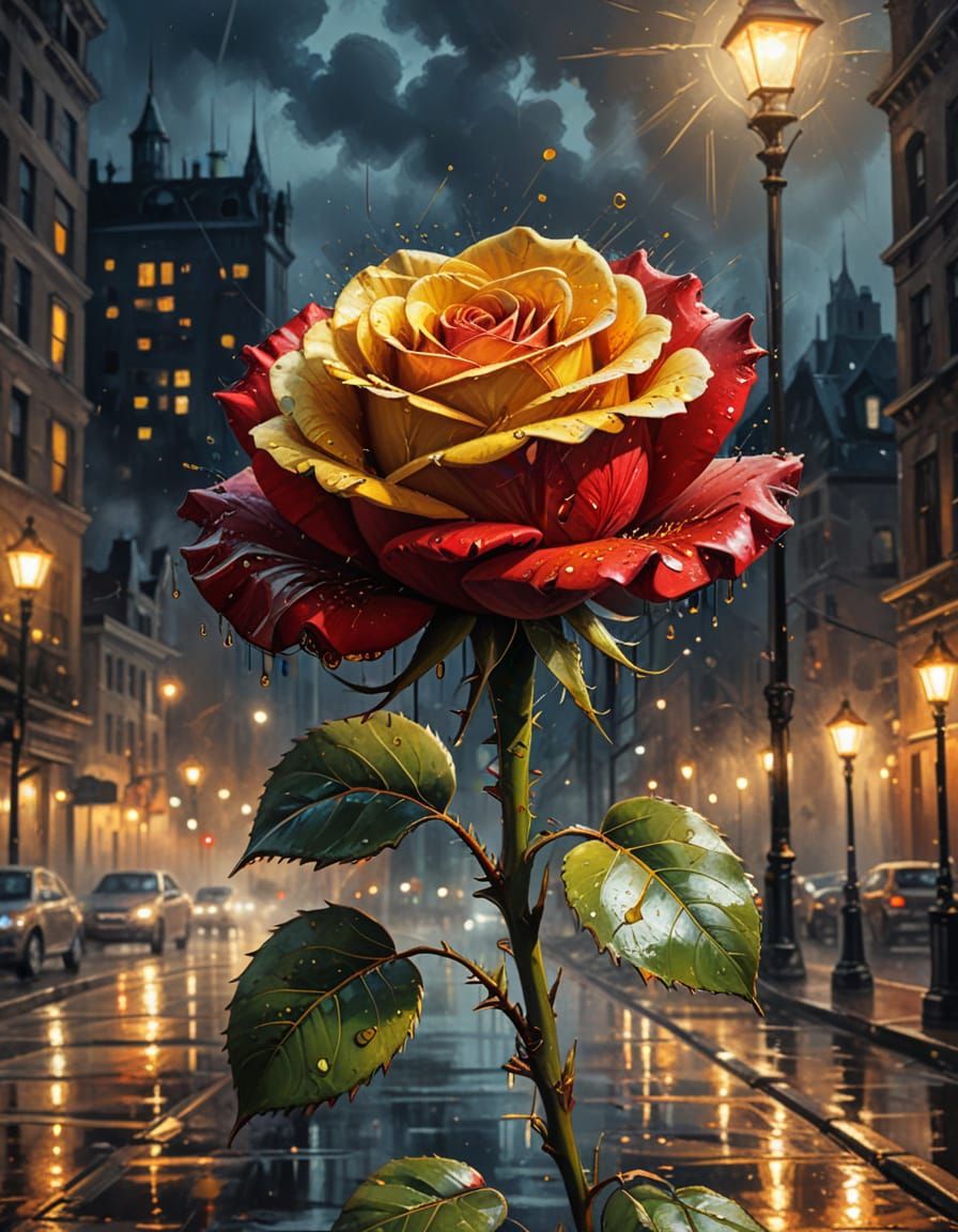 Steampunk Red Rose Blooms in Night City, Oil Painting