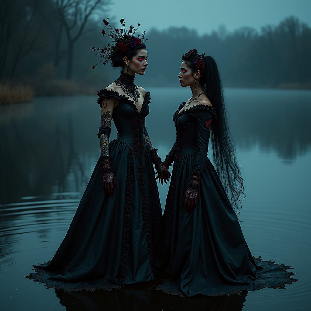 Haunting Victorian Couple Portrait with Holographic Lake