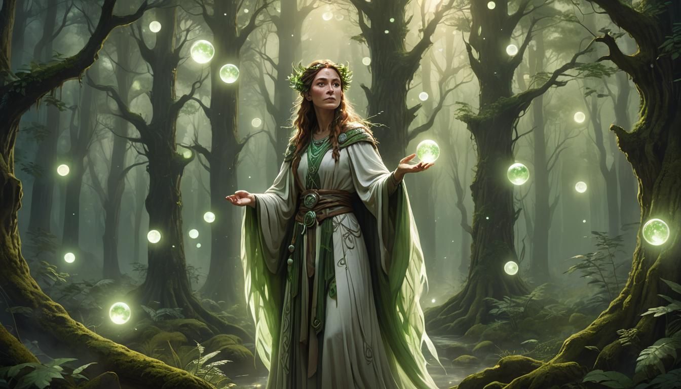 Enchanting Druid in Forest with Glowing Orbs