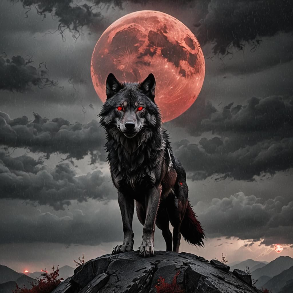 Metallic Wolf Head with Blood Moon