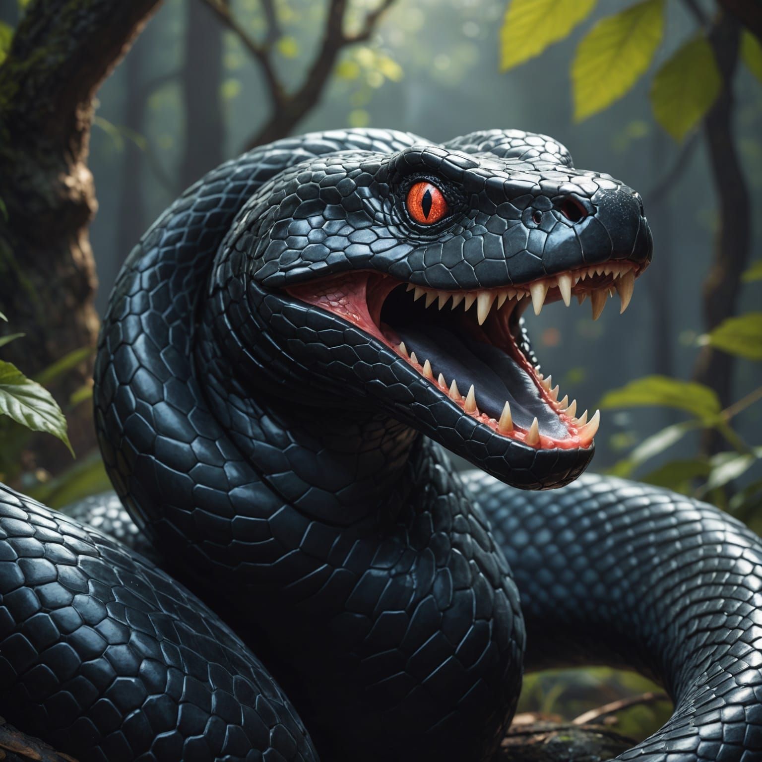 Detailed Portrait of a Black Snake with Fangs