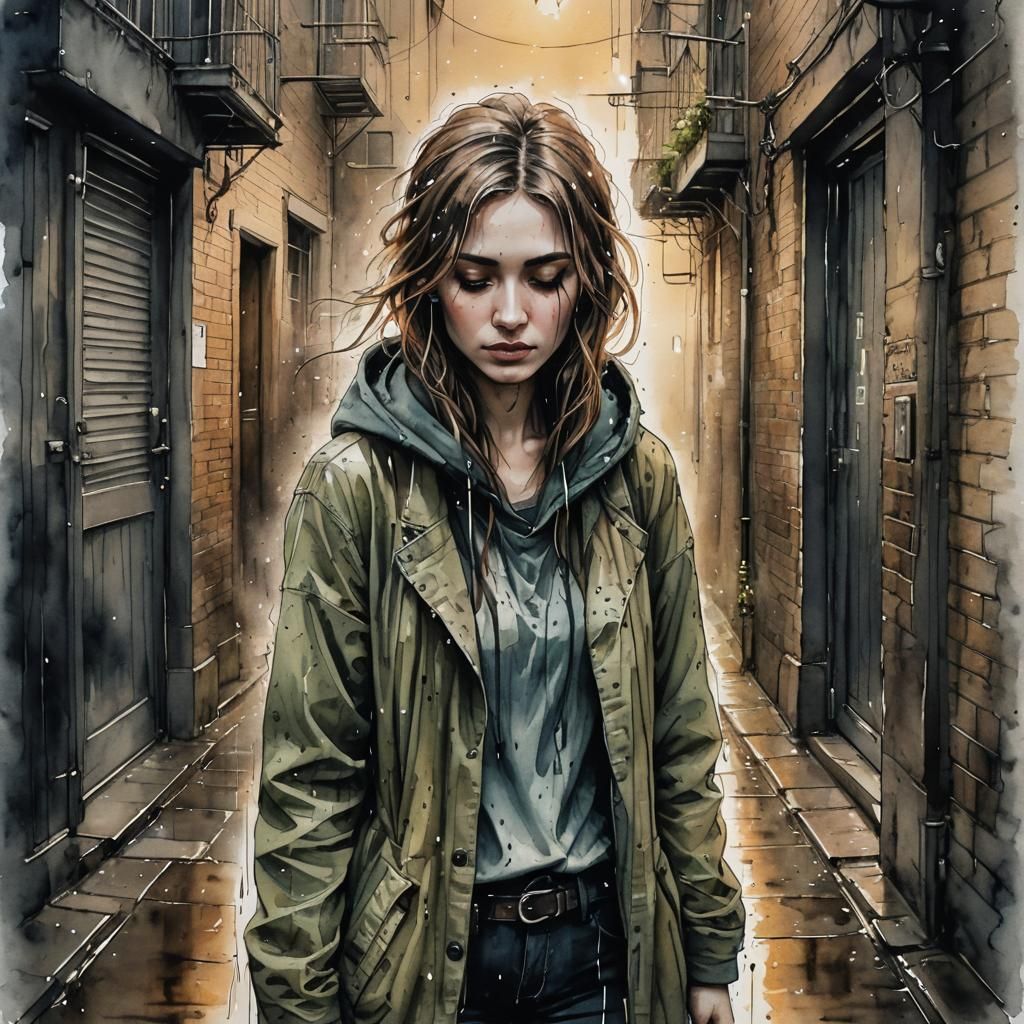 Rainy Alleyway: Watercolor and Ink Portrait