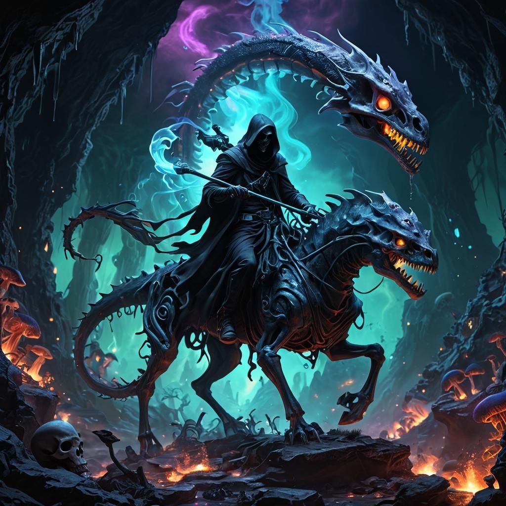 Grim Reaper Rides Dragon in Bioluminescent Grotto