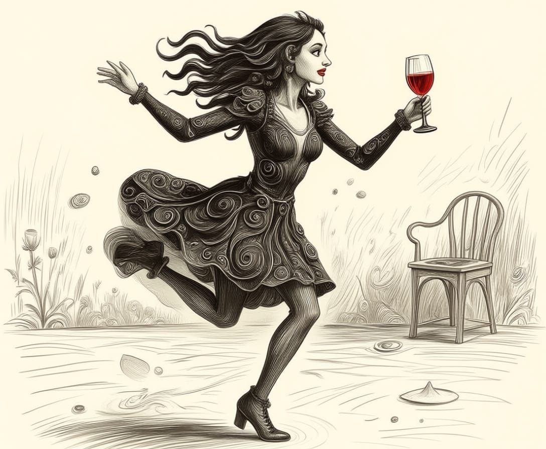 Woman Skidding to a Stop for Wine Glass