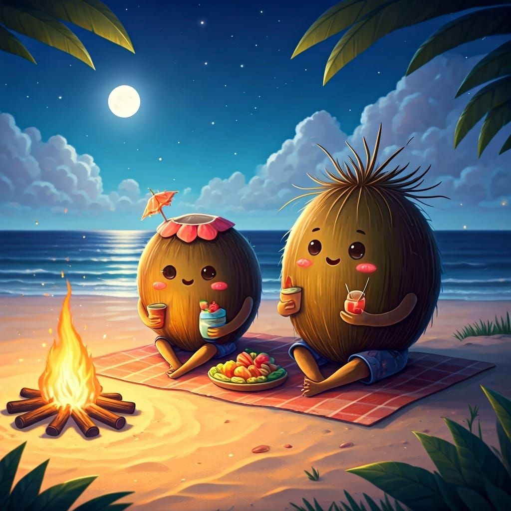Coconut Couple's Romantic Beach Picnic: Digital Illustration