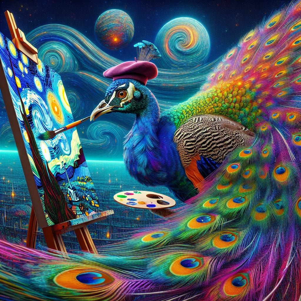 Peacock painting a version of van Gogh's "The Starry Night"