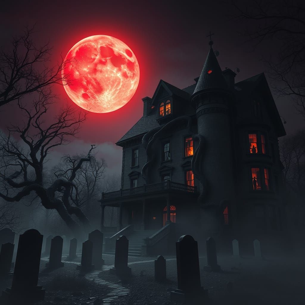 Eerie Victorian Mansion Under Blood-Red Moon