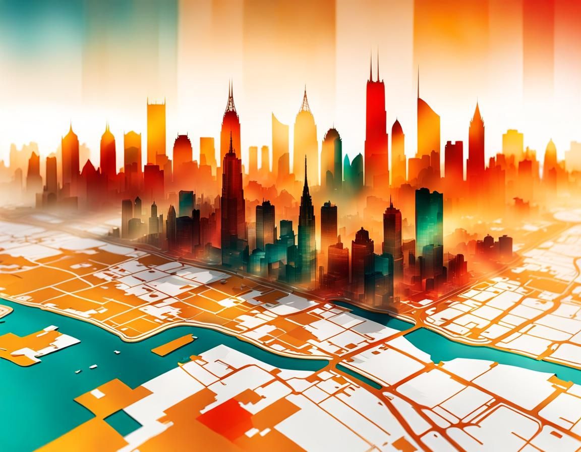 Double Exposure Cityscape Map in Golden Hour