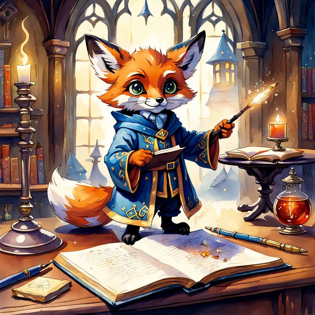 Fox Wizard Cartoon Watercolor Illustration